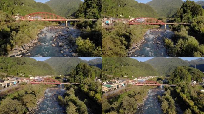 日本红桥下河流的鸟瞰图