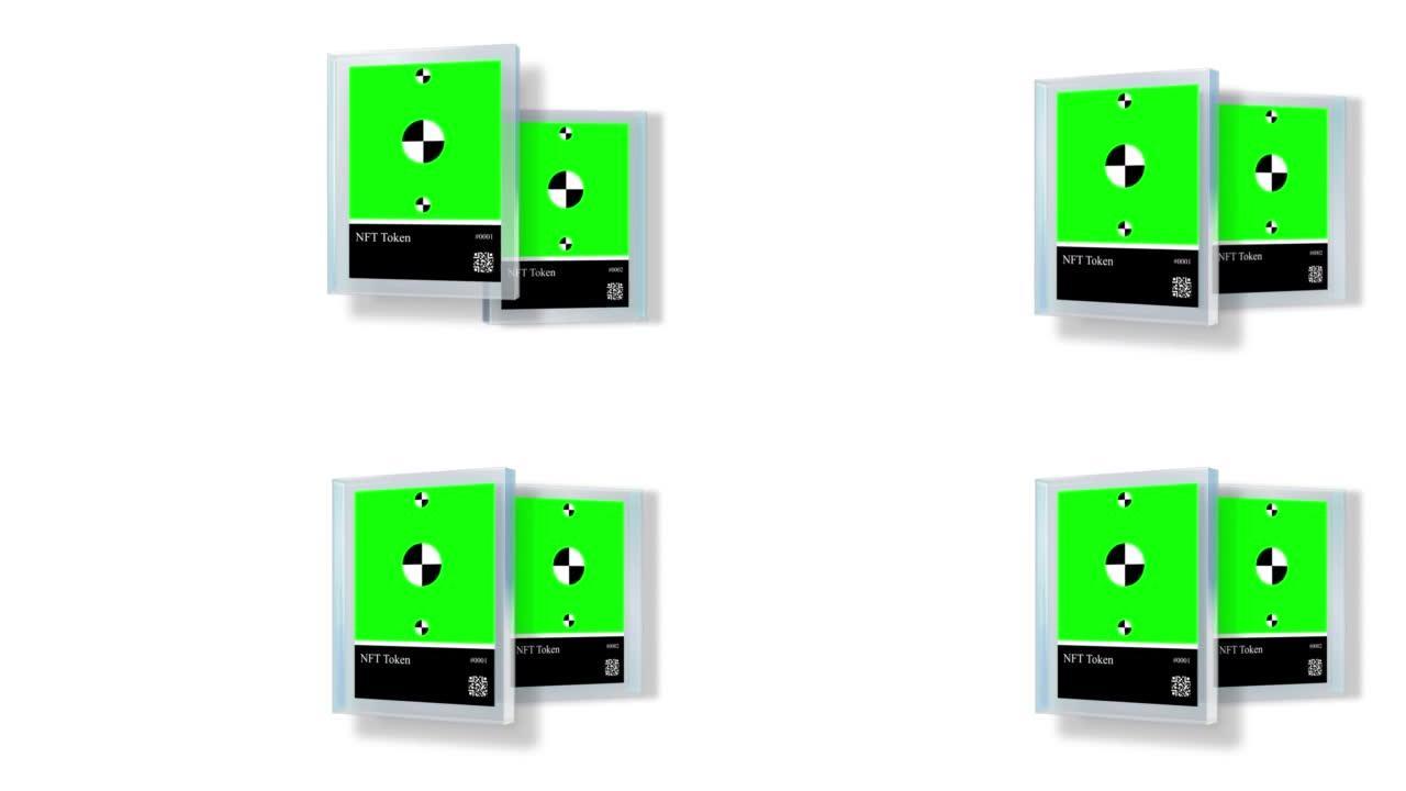 两张NFT数字收藏卡，绿屏隔离在白色背景上。3d渲染动画与色度键为样机。3D动画。屏幕上有跟踪标记。