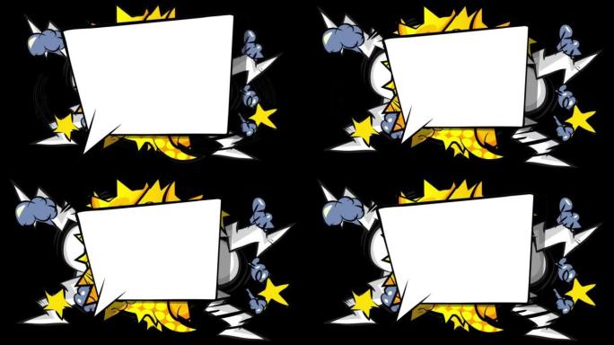波普艺术背景动画，漫画风格。黑色屏幕上的复古漫画卡通背景