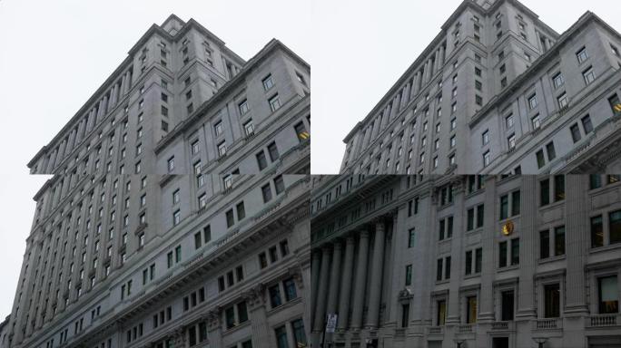 加拿大蒙特利尔市中心白雪皑皑的一栋建筑的4k城市电影拍摄 (3)。