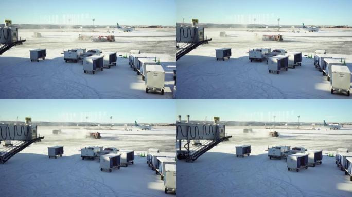 扫雪机在冬天清理机场停机坪