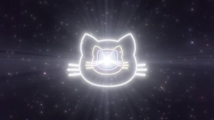 猫脸头形状轮廓发光霓虹灯隧道荧光门户-4k无缝VJ循环运动背景动画