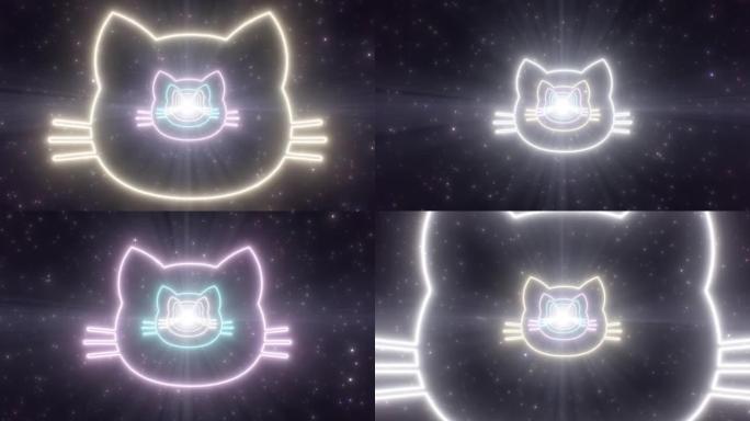 猫脸头形状轮廓发光霓虹灯隧道荧光门户-4k无缝VJ循环运动背景动画