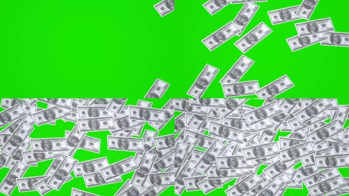 一百美元的钞票填满了绿屏。3D动画，商业动画钱，效果制作背景。