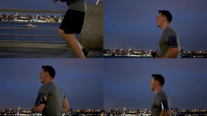 身体健壮的年轻男运动员正在码头上奔跑。特写