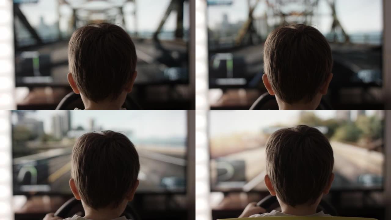 男孩在游戏机上玩赛车视频游戏。小孩戴着耳机玩电脑游戏。玩家用耳机握着方向盘玩电子游戏。孩子赌瘾。