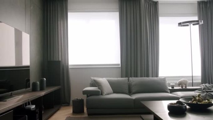 当代客厅。现代灰色沙发和窗帘。极简主义灯