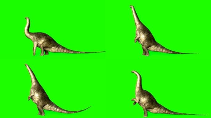 在绿色屏幕上进食的雷龙恐龙