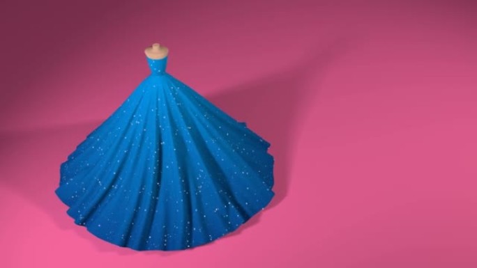 粉红色背景下的蓝色蓬松闪亮连衣裙转身。带复制空间的3D 4k动画
