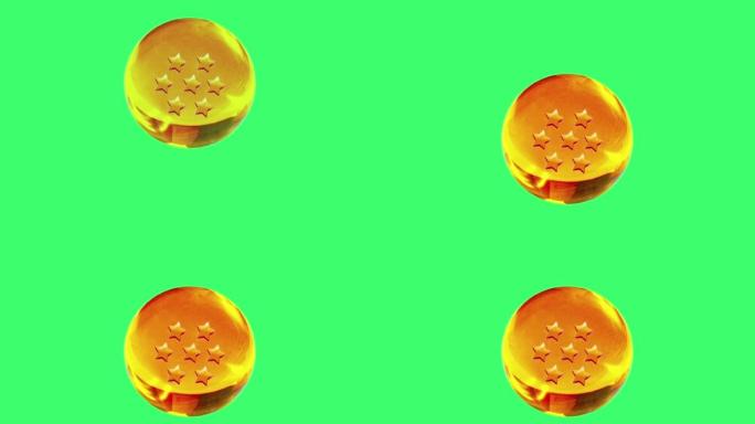 动画黄色水晶球与7星隔离在绿色背景。