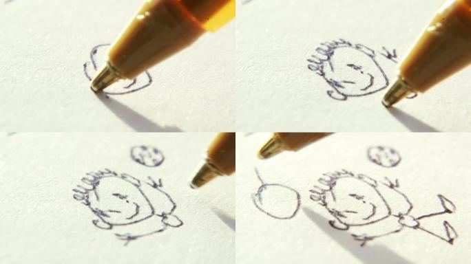 一个孩子画画的特写镜头。蹒跚学步的孩子用笔在纸上涂鸦。涂鸦作业