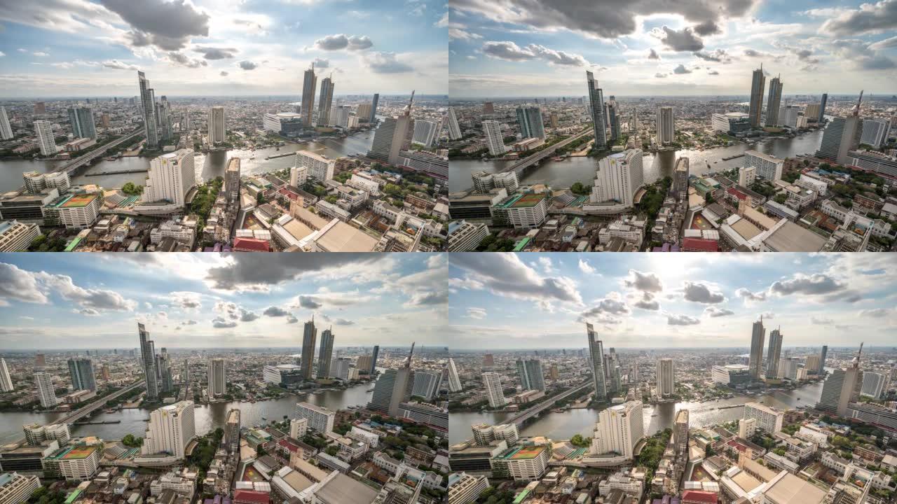 曼谷城市天际线在湄南河和圣像暹罗，泰国4k时间流逝
