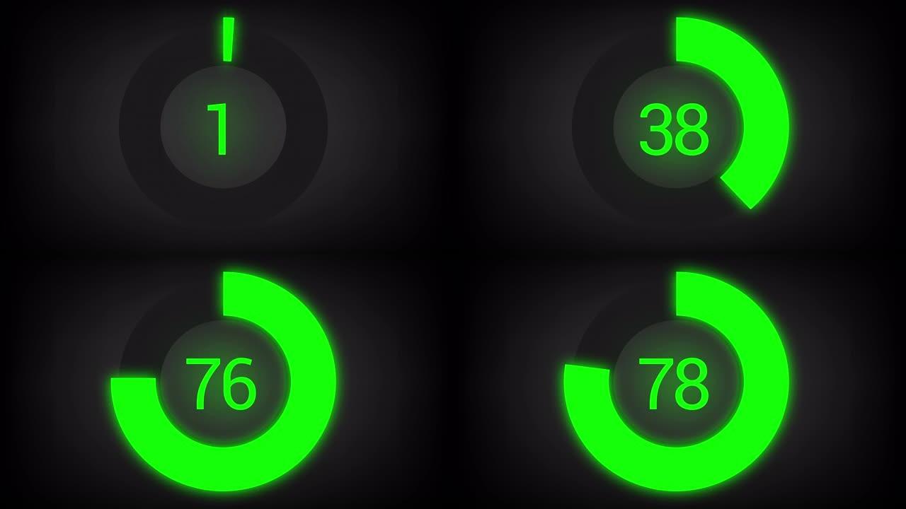 数值计数从0到78。带有明亮霓虹绿光的圆形进度条