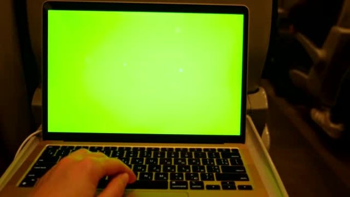 在火车内的笔记本电脑绿屏上工作的观点女人