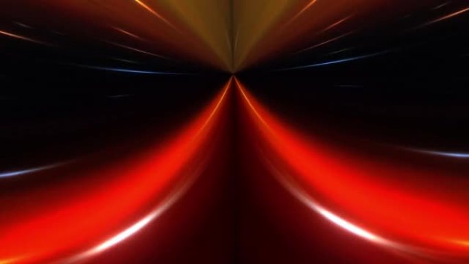 循环发光的红色黄色霓虹灯对称数字技术照亮黑暗隧道中的粒子超空间。4K 3D抽象可视化器隧道中飞行粒子
