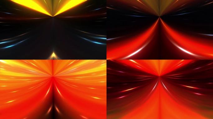 循环发光的红色黄色霓虹灯对称数字技术照亮黑暗隧道中的粒子超空间。4K 3D抽象可视化器隧道中飞行粒子