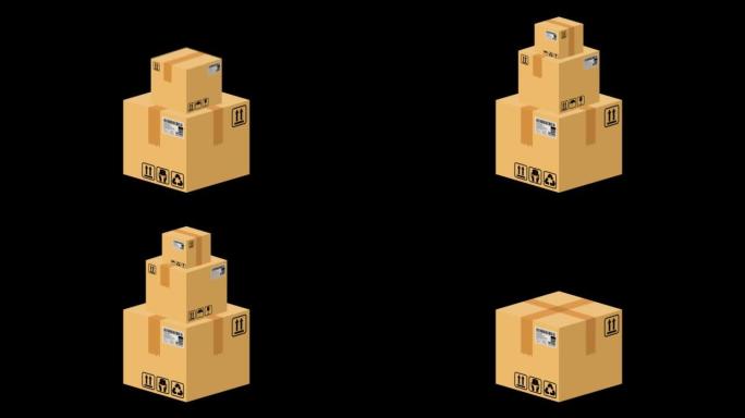 在Alpha通道中弹出包装盒或纸板箱的动画，透明背景。运输和交付概念。