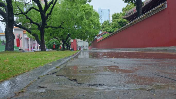 实拍春雨中广州农讲所的红墙绿树庄严肃穆。