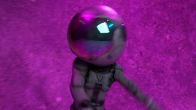 一名身穿太空服的宇航员在墙壁和闪烁的霓虹灯的背景下跳舞。夜总会。