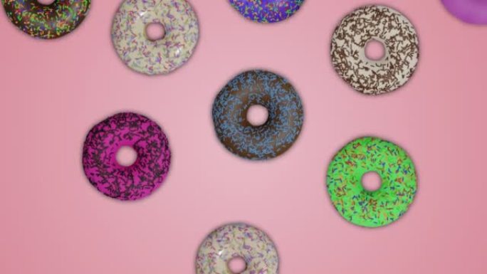 动画许多彩色甜甜圈在粉红色抽象背景上移动
