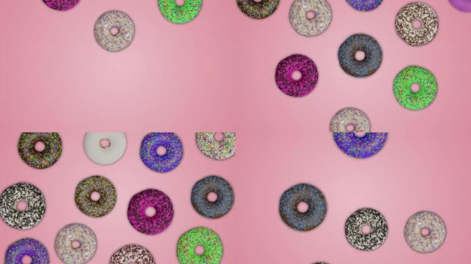 动画许多彩色甜甜圈在粉红色抽象背景上移动