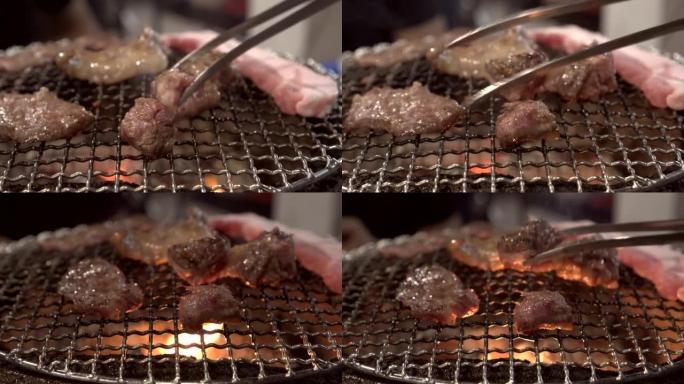 Grilling beef and pork Japanese yakiniku charcoal 