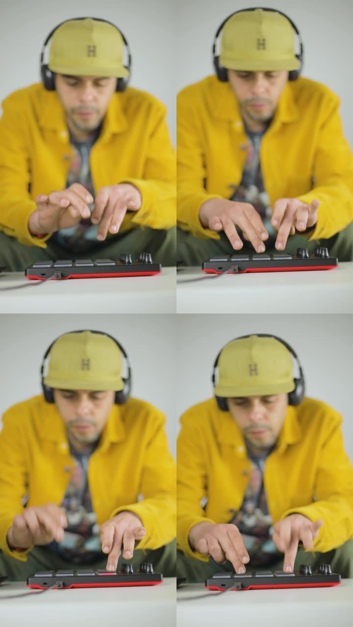 混血儿男人在家里的沙发上用他的MIDI控制器和笔记本电脑制作城市音乐节拍