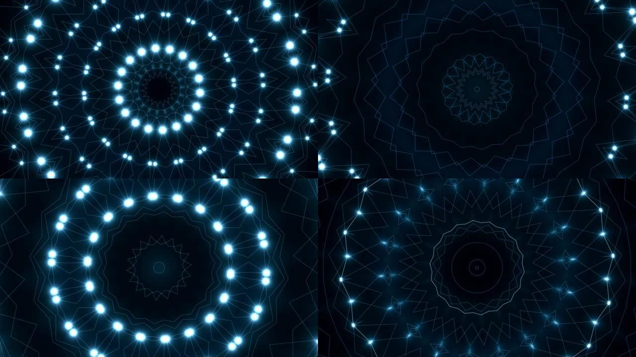 抽象烟花用小圆点形状的蓝光效果聚集。视频动画背景。
