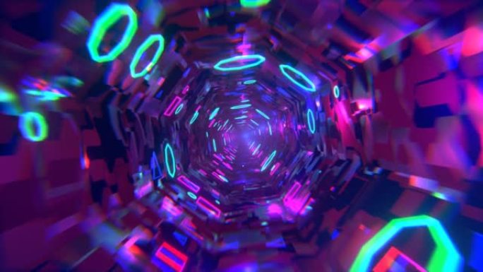 3D物体或结构在霓虹灯，明亮反射的玻璃镜隧道内旋转和移动。演出的VJ循环。通过高科技隧道的科幻飞行