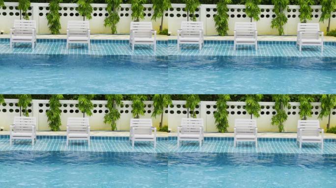 波浪泳池水，明亮的蓝色背景和网格瓷砖地板。