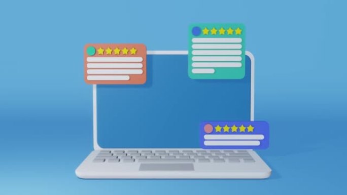 带有用户评论的笔记本电脑屏幕。客户评论概念。五星级评级和评论，积极反馈。客户服务和用户体验。团队和评