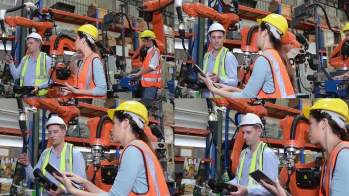 男女工程师检查最近安装的焊接机器人，以实现完整，准确，快速和高度安全的工作。
