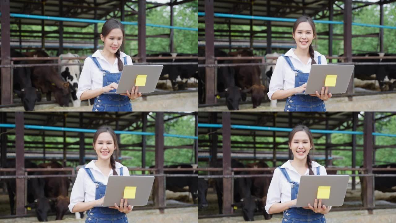 亚洲年轻的奶农妇女独自在农场户外工作的肖像。美丽的农家女农民在牛棚里看着奶牛，在笔记本电脑上愉快地做