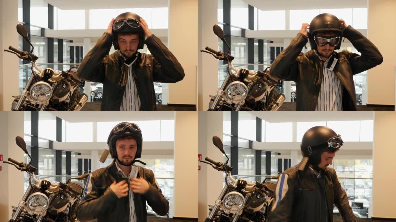 男士买家在沙龙戴上并试戴摩托车头盔-他选择了摩托车配件