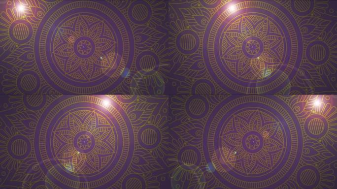 伊斯兰动画移动曼陀罗背景与闪亮的闪光镜头耀斑。东方图案花卉圆形曼陀罗