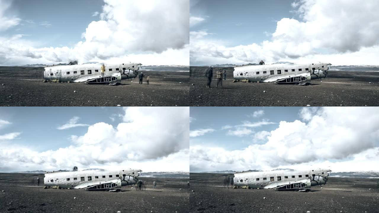冰岛黑沙滩上飞机残骸的4k延时。