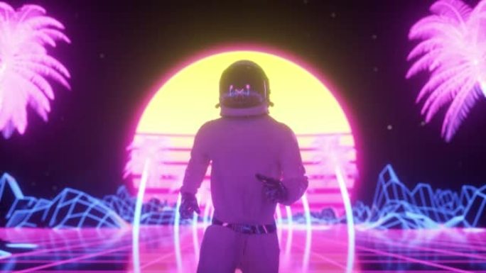 宇航员在闪烁的霓虹灯的包围下奔跑。复古80年代风格合成波背景