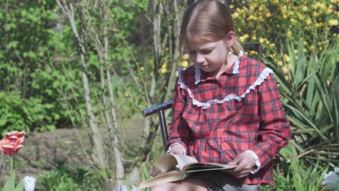 一个学龄女孩在花园里看书。晴朗的天气，郁郁葱葱的绿色植物。学习的绝佳僻静之地。
