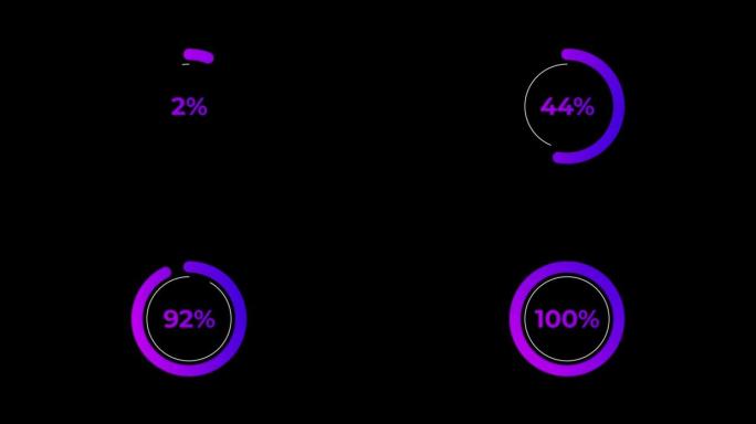 紫色科学效果中的圆圈百分比加载动画0-100%。