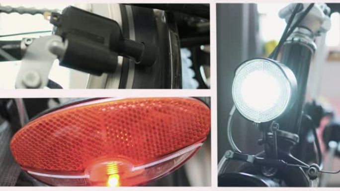 在自行车上工作发电机。前大灯和尾灯亮了。拼贴画。由于自行车的车轮，发电机正在旋转。