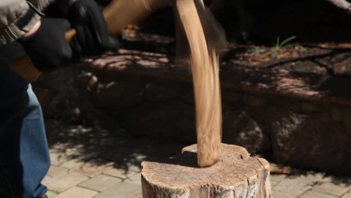 院子里用斧头劈柴的过程