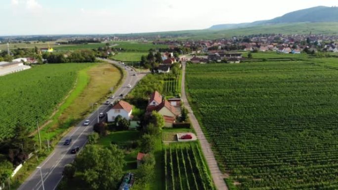穿过乡村小镇和葡萄园的道路，温岑海姆的空中拍摄