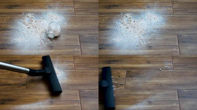 清除地板上溢出的散装混合物。一个人用吸尘器打扫地砖。用吸尘器打扫房间。