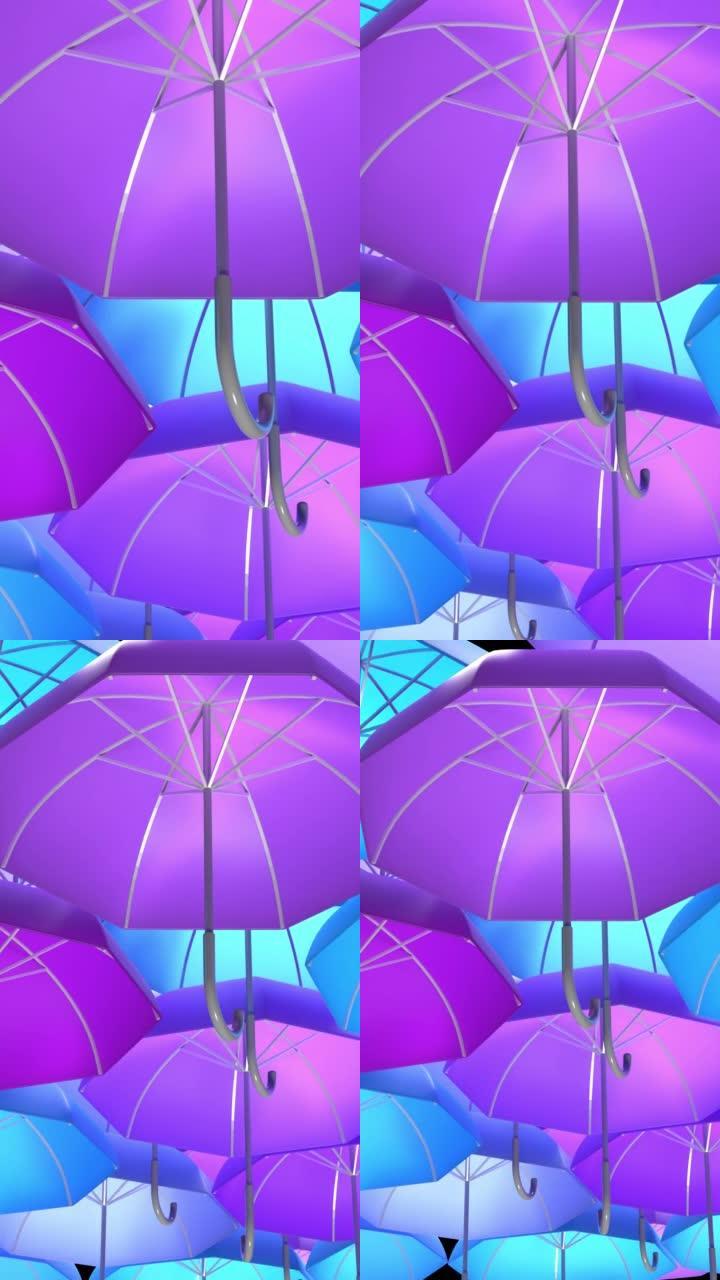 4k分辨率挂在顶部的彩色雨伞的垂直3D抽象背景设计
