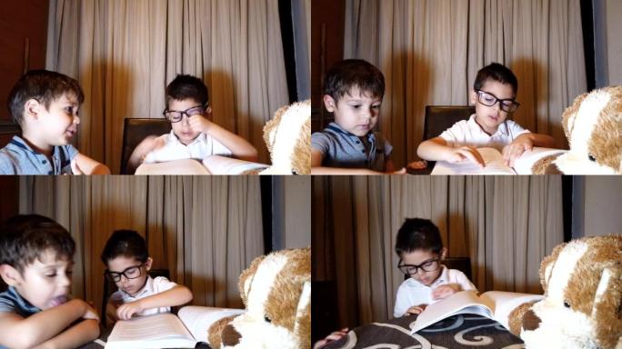 可爱的孩子男孩和他的兄弟一起读书
