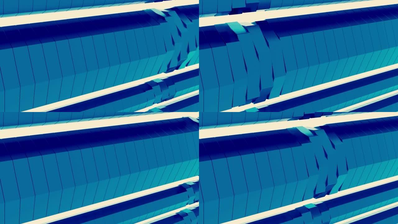 彩色蓝色旋转支柱创造视觉螺旋效果。设计。在白色背景上旋转瓷砖形成的反光柱。