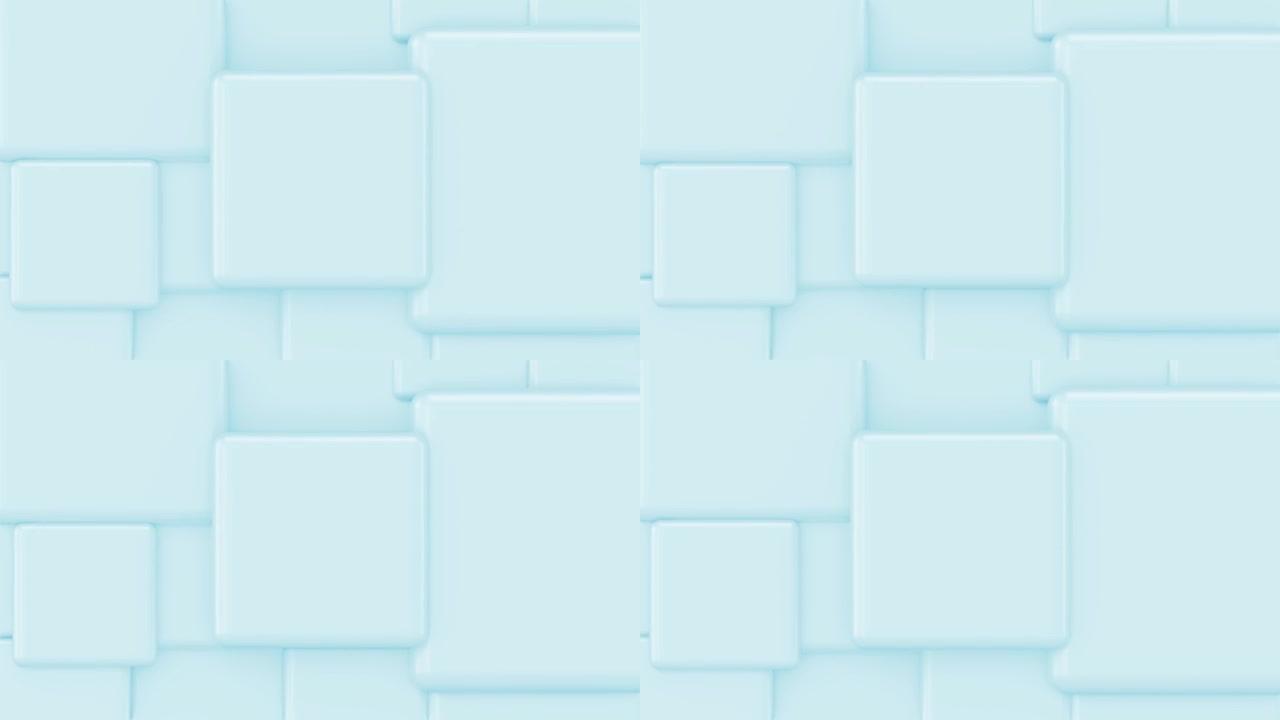 随机大小的蓝色立方体移动和生长循环。左边是文本的地方。抽象3d渲染几何概念背景。股票视频