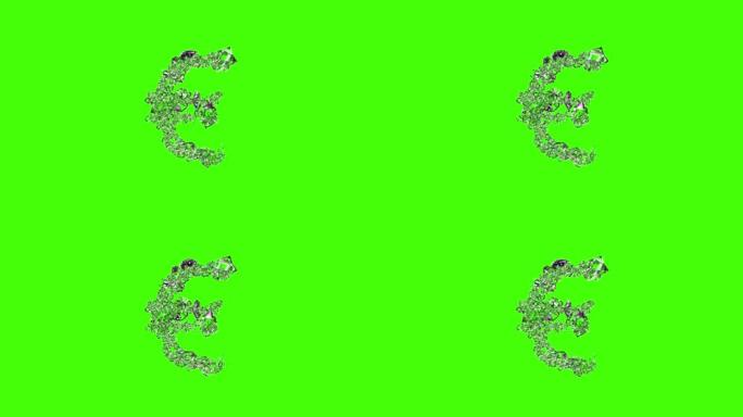透明明亮水晶字体-绿色屏幕上的欧元标志，孤立循环视频