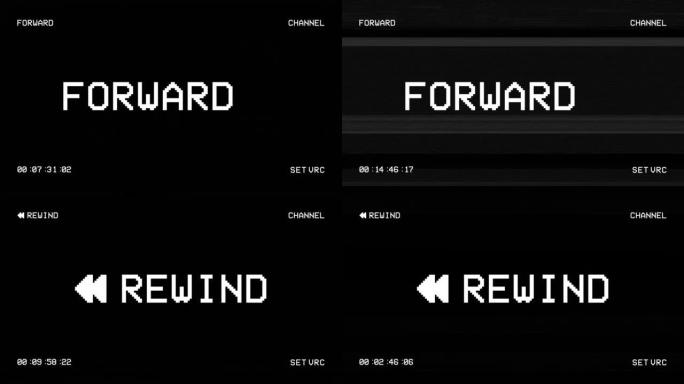 老式VHS。前进、倒带和停止场景。缺陷噪声和伪影效应。4k毛刺效应。