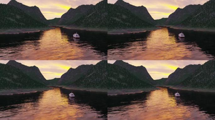 日落时在大绿山附近的河中航行的小型机动游艇的3D渲染。全球3d metaverse世界、假3d游戏、